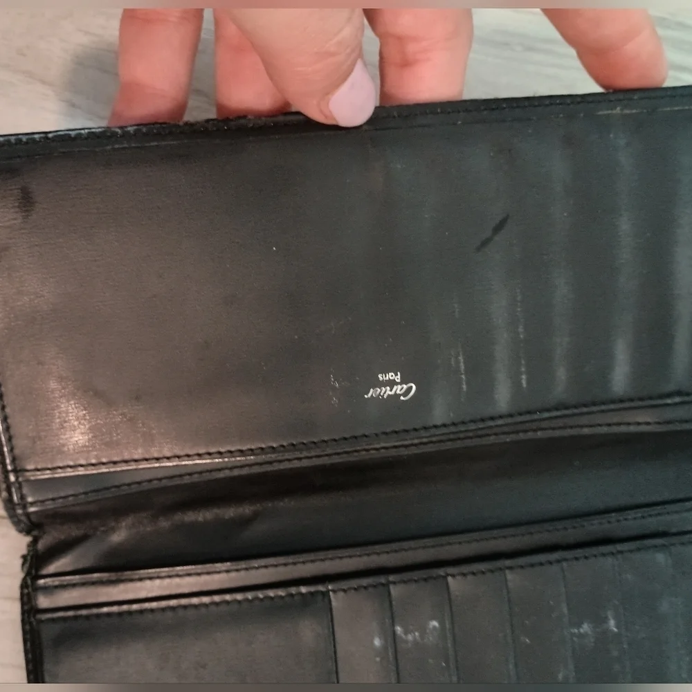 CARTIER 2C Logo Bifold Wallet Purse Leather Black Silver Made in France